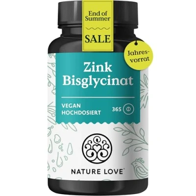 Obrázek NATURE LOVE® zinek 365 tablet (1 rok) vysoká dávka (25 mg): bisglycinát zinku (zinkový chelát) vysoce biologicky dostupný veganské, laboratorně testováno, vyrobeno v Německu