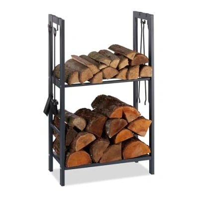 Obrázek Relaxdays, Antracitový regál na krbové dřevo se 2 policemi, z oceli, 4 háčky pro náčiní, palivové V x Š H 30 cm, 100 60 cm