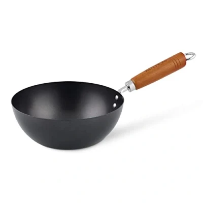 Obrázek Ken Hom Mini Wok aus Karbonstahl, 20 cm, Antihaftbeschichtet, klassisch, nicht induktionsgeeignet/Holzgriff/Pfanne mit flachem Boden, spülmaschinenfest, KH320001