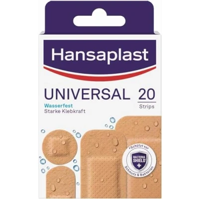 Obrázek Hansaplast Univerzální náplast (20 proužků), odpuzující nečistoty a vodu, sada náplastí se silnou přilnavostí &amp; Bacteria Shield
