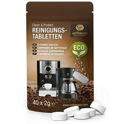 Obrázek 40 čisticích tablet pro plně automatické kávovary od Delonghi, Siemens, EQ Series, Jura, Krups, Bosch, Miele, Melitta, WMF atd. Čisticí tablety Coffeeano všeho druhu a značek