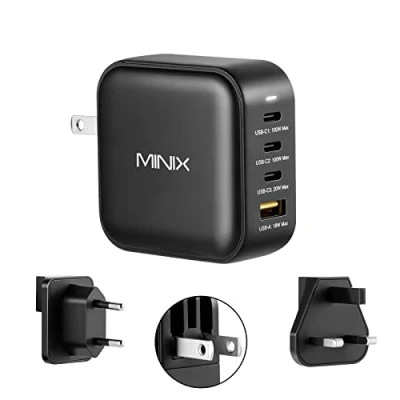 Obrázek MINIX NEO P3 100W Turbo 4 porty GaN Wall Charger, 3 x USB C port Fast Charging adaptér (Max 100W/20W), 1 a 18W). Kompatibilní s MacBook Pro Air, iPad Pro, iPhone 13,12, Galaxy S9 More.