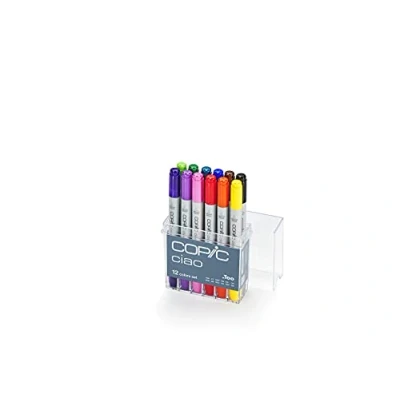 Obrázek COPIC Sada zvýrazňovačů Ciao s 12 barvami, univerzální označovač vrstvy, na bázi alkoholu, v praktickém akrylovém displeji pro skladování a snadné vyjmutí
