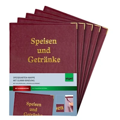 Obrázek SIGEL SM102/5 Desky na jídelní lístky pro A4, menu, balení po 5 kusech, s gumovou vazbou, bordó se zlatou ražbou, odolné a snadno omyvatelné