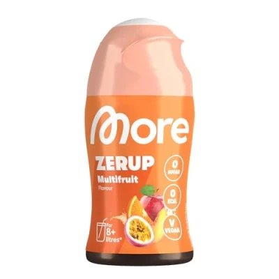 Obrázek MoRE zerup, víceplodné, 65 ml, pro až 8 l hotového nápoje, sirup bez cukru s pravými extrakty ovoce, veganské, zero kalorie vyrobeno v Německu