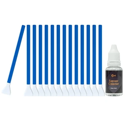Obrázek UES Čisticí sada pro senzor APSC16 APS C DSLR a bezzrcadlové kamery 14 x 16 mm mikrovlákno Swabs jednotlivě zabaleno, 15 ml tekutý čistič, senzory CMOS/CCD, kompatibilní s Sony, Canon, Nikon