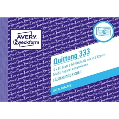 Obrázek AVERY Zweckform 333 Bloček stvrzenek (A6 na šířku, 3x50 listů, s průrazem, proti falšování, samostatně vykázaná DPH, pro Německo a Rakousko) bílý