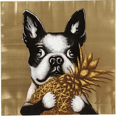 Obrázek Kare Designový obraz Touched Dog with Pineapple, vícebarevný, na plátně, pes, akrylová barva, plátno, rám z jedlového dřeva, ručně malované detaily, 80 x 4 cm (v/š/h)