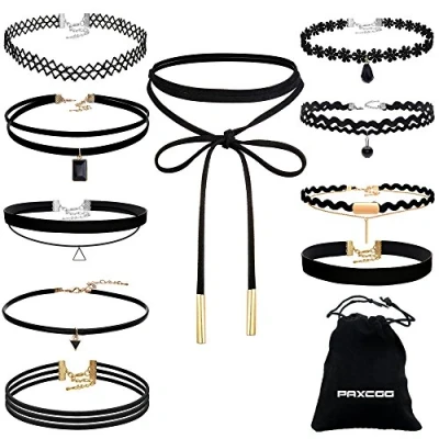 Obrázek PAXCOO Sada 10 kusů náhrdelníků Choker streč sametový Classic Gothic Tattoo Krajka pro dámy a dívky