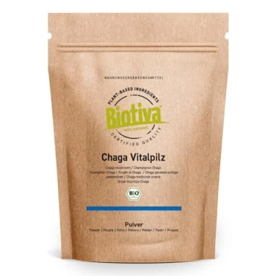 Obrázek Chaga houbový prášek bio 125 g sběr zvěře vitální houba břidlicová duhovitá porling plněno a kontrolováno v Německu Biotiva