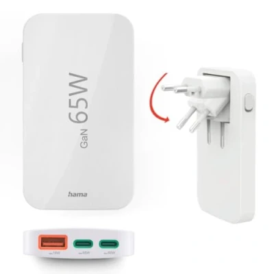 Obrázek Hama USB C nabíječka (rychlonabíječka 65 wattů, nabíjecí konektor do zásuvky 2x C, 1x A, pro mobilní telefon, notebook, tablet, podporuje Power Delivery, vícenásobná s