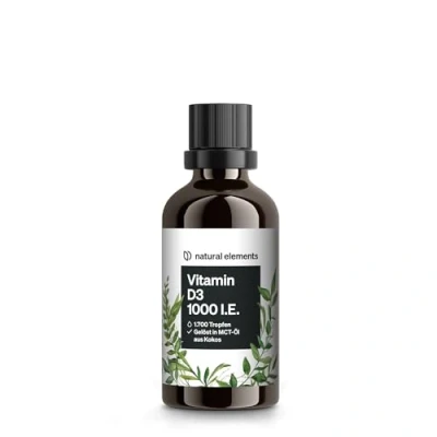 Obrázek Kapky vitaminu D3 1000 IU v denní dávce (1 kapka) dlouhodobá zásoba s 50 ml pro nejlepší biologickou dostupnost rozpuštěný MCT kokosovém oleji tekutý, vysoce dávkovaný, vegetariánský
