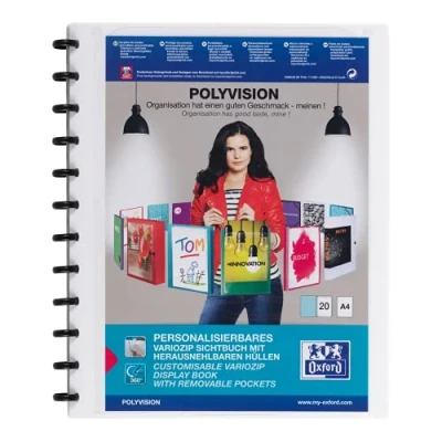 Obrázek Oxford Desky s kroužky A4, Polyvision, prezentační kniha 20 pouzdry, vario zip, vyměnitelná a rozšiřitelná, bílá, 1 kus