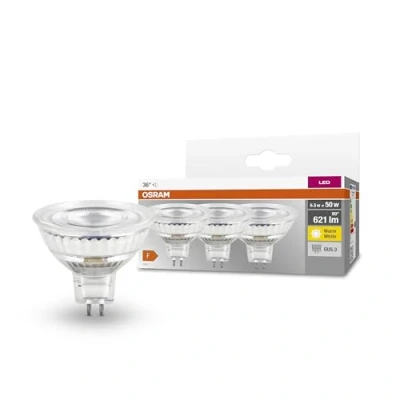 Obrázek OSRAM LED Star MR16 žárovka pro patici GU5.3, reflektorová lampa, skleněný design, 621 lumenů, teplá bílá (2700 K), náhrada za běžné 50W žárovky, nestmívatelná, balení 3 ks