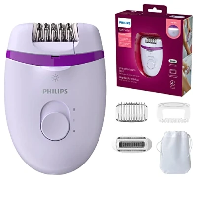 Obrázek Philips Satinelle Essential Compact epilátor BRE275/00 snadná epilace, hladká pokožka po celé týdny, pro nohy a citlivé šířky, s optickým světlem, vč. 4 dílů příslušenství, fialová