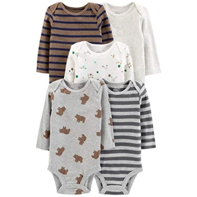 Obrázek Simple Joys by Carter&#039;s Unisex Baby Long Sleeve Bodysuit Pack of 5 Body, Bär/Streifen/Waldtiere, 24 Monate (5er Pack)