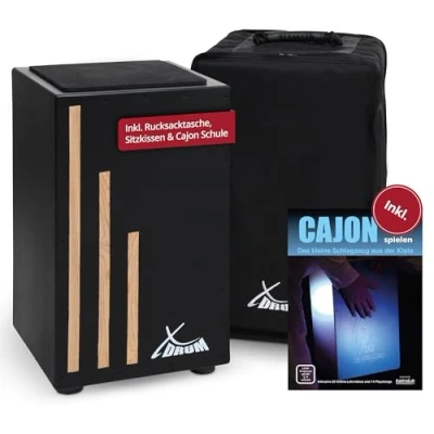 Obrázek XDrum Cajon Primero Negra bednový buben vč. tašky na batoh a školy bedna se zvukem Snare Sound dřevěná s gigbagem