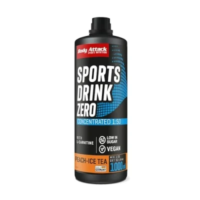 Obrázek BODY ATTACK ZERO SPORTS Drink Peach Ice Tea 1000 ml / 200 porcí Made in Germany koncentrát Energy veganský sirup bez cukru, tuku pro měkké nápoje s vitamíny a minerálními látkami