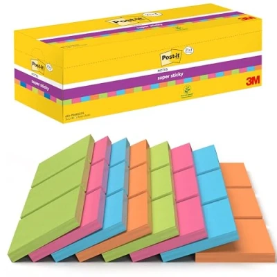 Obrázek Post it Poznámkové bločky se super samolepkami, balení 24 bloků, 90 listů na blok, 76 mm x mm, barvy: zelená, růžová, modrá, oranžová extra silně lepicí poznámkový blok poznámky, seznamy úkolů