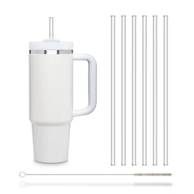 Obrázek skleněná brčka HALM 6 kusů rovných 27 cm dlouhá, perfektní na koktejl Kukki &amp; 0,33 l láhve + čisticí kartáč bez plastů lze mýt v myčce udržitelná brčka, láhev vodu sláma