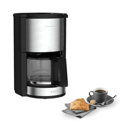 Obrázek Krups KM3210 pro Aroma Plus kávovar na překapávanou kávu 10 šálků 1,25 l funkce udržování teploty 30 minut viditelné okno s hladinou vody systém zastavení odkapávání černý aplikacemi