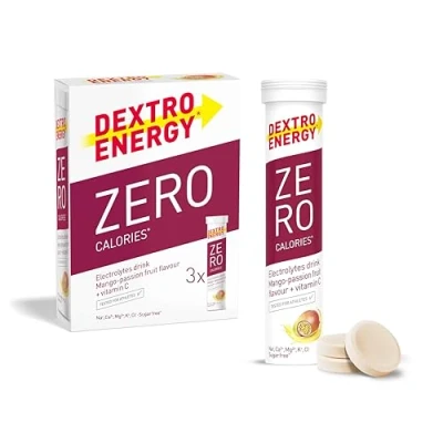 Obrázek Dextro Energy Elektrolyty bez cukru Mango Passionfruit Flavour 1141 mg elektrolytů, 60 šumivých tablet pro všední den a sport, hořčík, draslík, vápník, chlorid, sodík, cukru, balení 3 ks