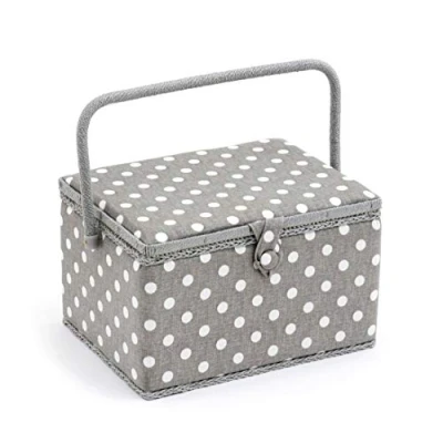 Obrázek Hobby Gift Exkluzivní velký box na šití, úložný pro kutily, odkládací příslušenství, jehličnatý polštář, rukojeť z PVC 23,5 x 31 20 cm, šedá puntíková