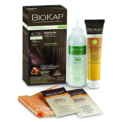 Obrázek BIOKAP RAPID permanentní barva na vlasy 6. 06 Tmavá Havanová blond POUZE 10 minut působení bio arganový olej TricoREPAIR komplex VEGAN optimální zakrytí šedin až 80 % přírodních složek