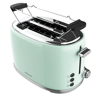 Obrázek Cecotec toustovač se 2 kraječi &amp; tlačítko 1000 Retro Double béžová, 980 W, široké a krátké otvory 3,8 cm, ušlechtilá ocel, horní rošt, regulovatelný výkon, zásuvka na drobky