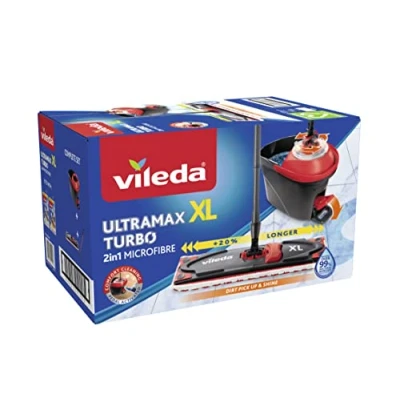 Obrázek Vileda Kompletní sada mop na podlahu Ultramax XL Turbo 2v1, extra široký s násadou, potah z mikrovlákna a kbelík prakem, pro všechny tvrdé podlahy, stírací deska 42 cm, délka rukojeti 75130 cm