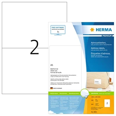Obrázek Přepravní etikety, 400 listů, 148 x 105 mm, 2 kusy na arch A5, 800 samolepek, samolepicí, potisknutelné, matné, prázdné papírové adresní štítky z papíru, bílé