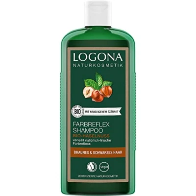 Obrázek LOGONA Naturkosmetik Farbreflex šampon hnědo černý pro přirozeně lesklé vlasy, vhodný hnědé a černé Color vlasový s veganským vzorcem z bio lískových oříšků, 1 x 250 ml