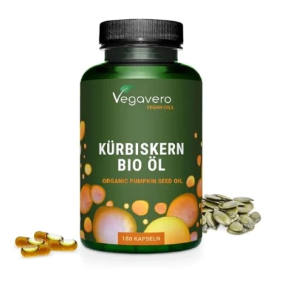 Obrázek Bio kapsle s dýňovým olejem Premium: dýňový olej lisovaný za studena žádná želatina 45% kyselina linolová (Omega 6) laboratorně testováno Vegan bez přísad německá výroba Vegavero®