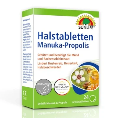 Obrázek SUNLIFE Manuka propolis tablety na krk 1 x 24 kusů med proti kašli bolest v krku pastilky s manukou a propolisem