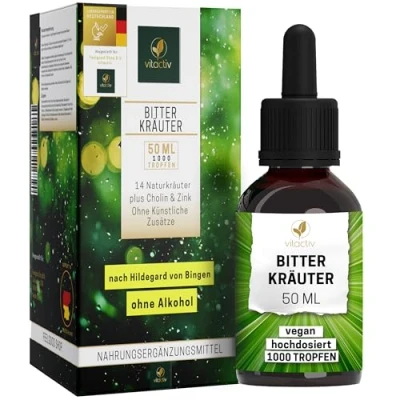 Obrázek VITACTIV hořké byliny Kapky bez alkoholu vybrané plus cholin a zinek látky podle Hildegard von Bingen umělých přísad, cukru, veganské 50 ml