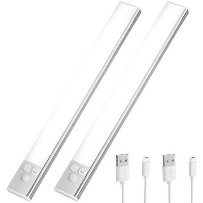 Obrázek OUSFOT osvětlení skříně LED s detektorem pohybu 30 cm [2 kusy] bezdrátové světlo do USB nabíjecí svítidlo na schodiště, ložnice, šatní skříň stříbrná