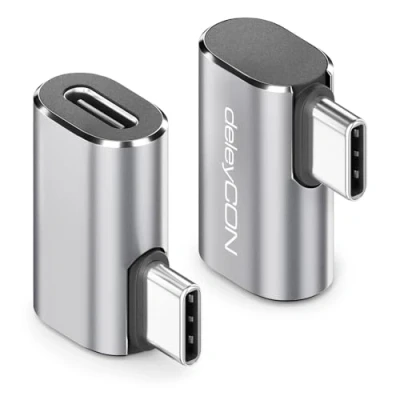 Obrázek deleyCON USB C adaptér úhlový 90 stupňů (2 kusy) 40 Gbps, 240 W, 8K60 Hz, hliníkový kryt, konektor typu na zdířku kompatibilní se smartphonem tabletem notebookem, PC Switch UVM.