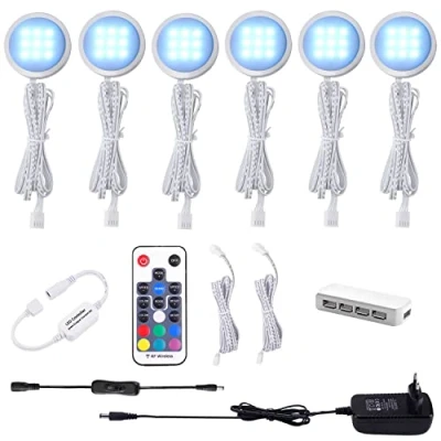 Obrázek RGB LED osvětlení skříně 6dílná sada, AIBOO 12V podhledové svítidlo, změna barvy s dálkovým ovládáním, stmívatelné vitríny pro kuchyňských skříní