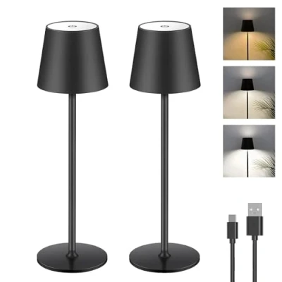 Obrázek 2 kusy stmívatelná LED stolní lampa s baterií, dotyková bezdrátová USB C, kovová dobíjecí baterie, pro venkovní i vnitřní použití, hliník, vodotěsnost IP44, 5600 mAh, 5