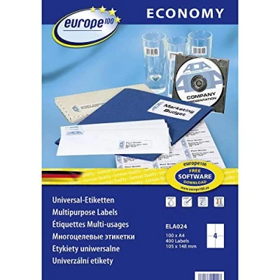 Obrázek Europe100 Art. ELA024 univerzální etikety (400 lepicích etiket, 105 x 148,5 mm na A4, papír matný, individuálně potisknutelné, samolepicí zásilkové nálepky, kompatibilní s AVERY 3483) 100 listů, bílé