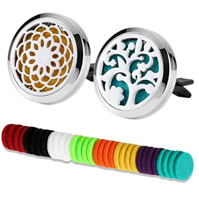 Obrázek 2 kusy auto aromaterapie difuzér éterických olejů, osvěžovač vzduchu z ušlechtilé oceli Vent Clip Medailon do auta + 32 kusů Refill Pads