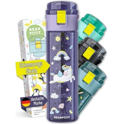 Obrázek BEARFOOT láhev na pití dětská nepropustná, 500 ml, lehká tritanová vodu, bez BPA, vhodná pro sycené nápoje, lze mýt v myčce nádobí, chlapce, dívky, malé děti (jednorožec, fialová,