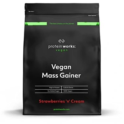 Obrázek Protein Works Vegan Mass Gainer 450 kalorií na koktejl Weight Veganské koktejly přibírání 16 servings jahodový krém 2 kg