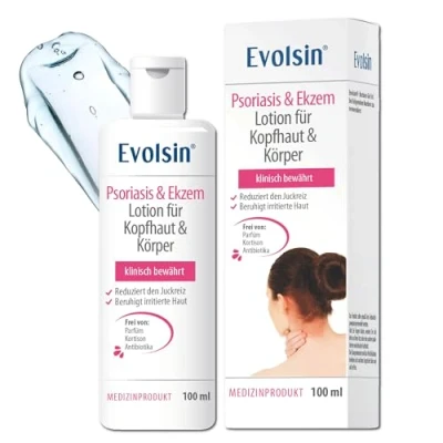 Obrázek Evolsin® Ekzém a psoriáza Lotion pro pokožku hlavy tělo ideální kombinace se šupinatým šamponem při podrážděné, suché podrážděné pokožce zmírňuje svědění lupénka pokožka