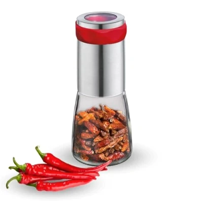 Obrázek Cilio Mlýnek na chilli PICCANTE k vlastnímu naplnění Ø 6,5 cm, V: 14,5 cm s uzávěrem vč. popisovatelných nálepek pro rovnoměrně jemné vločky