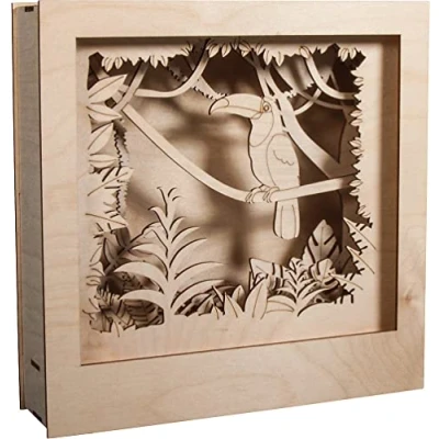 Obrázek Rayher Hobby 62853505 Dřevěná stavebnice 3D rámeček s motivem Tukan, certifikováno FSC, přírodní, 24 x cm, hloubka 6,5 11dílná, k tvoření a pomalování