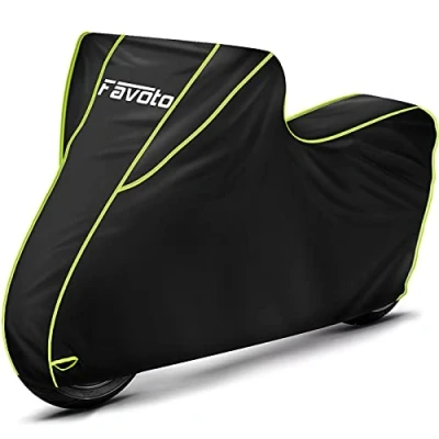 Obrázek Favoto Vylepšená verze, vodotěsná, krycí plachta na motocykl, skútr, kryt, XXL, outdoor, černá, zelená, 300D s dlouhými reflexními proužky, zacvakávací uzávěry, stahovací guma