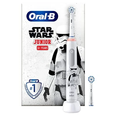 Obrázek Oral B elektrický zubní kartáček Junior Star Wars / pro děti od 6 let, 2 kartáčky, kontrola přítlaku 360, režimy čištění vč. citlivé péče o zuby, měkké štětiny, časovač,