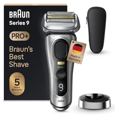 Obrázek Braun Pánský elektrický holicí strojek Series 9 Pro+, s 5 Pro prvky, zastřihovač dlouhých vlasů ProTrimmer, nabíjecí stanice, doba provozu 60 min, na sucho i sucho,
