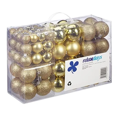 Obrázek Relaxdays vánoční koule, sada 100 ks, dekorace, matné, lesklé, třpytivé, koule ∅ 3, 4 a 6 cm, zlaté